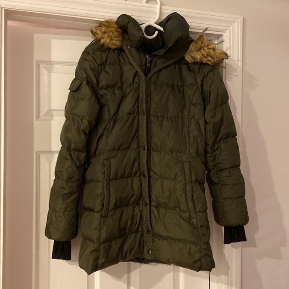 Women's Green Puffer Coat with Faux Fur Trim